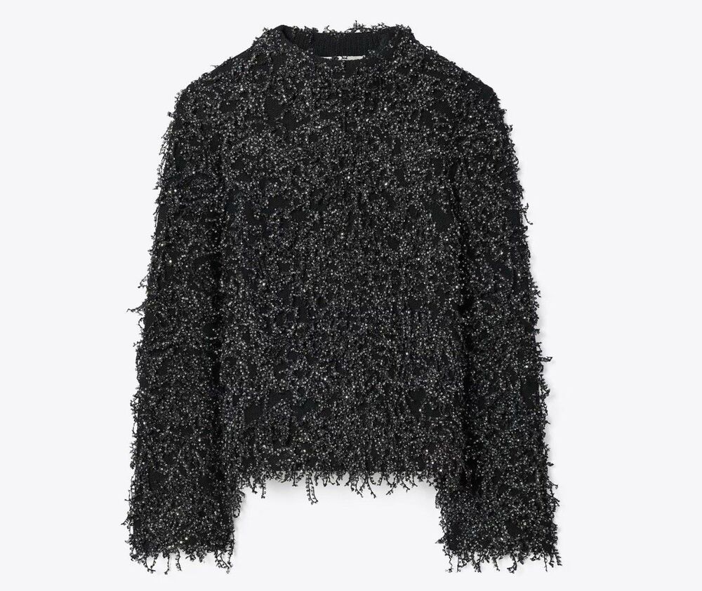 Tory Burch Iridescent Sequined Fringe Black Wool Sweater Sz Small